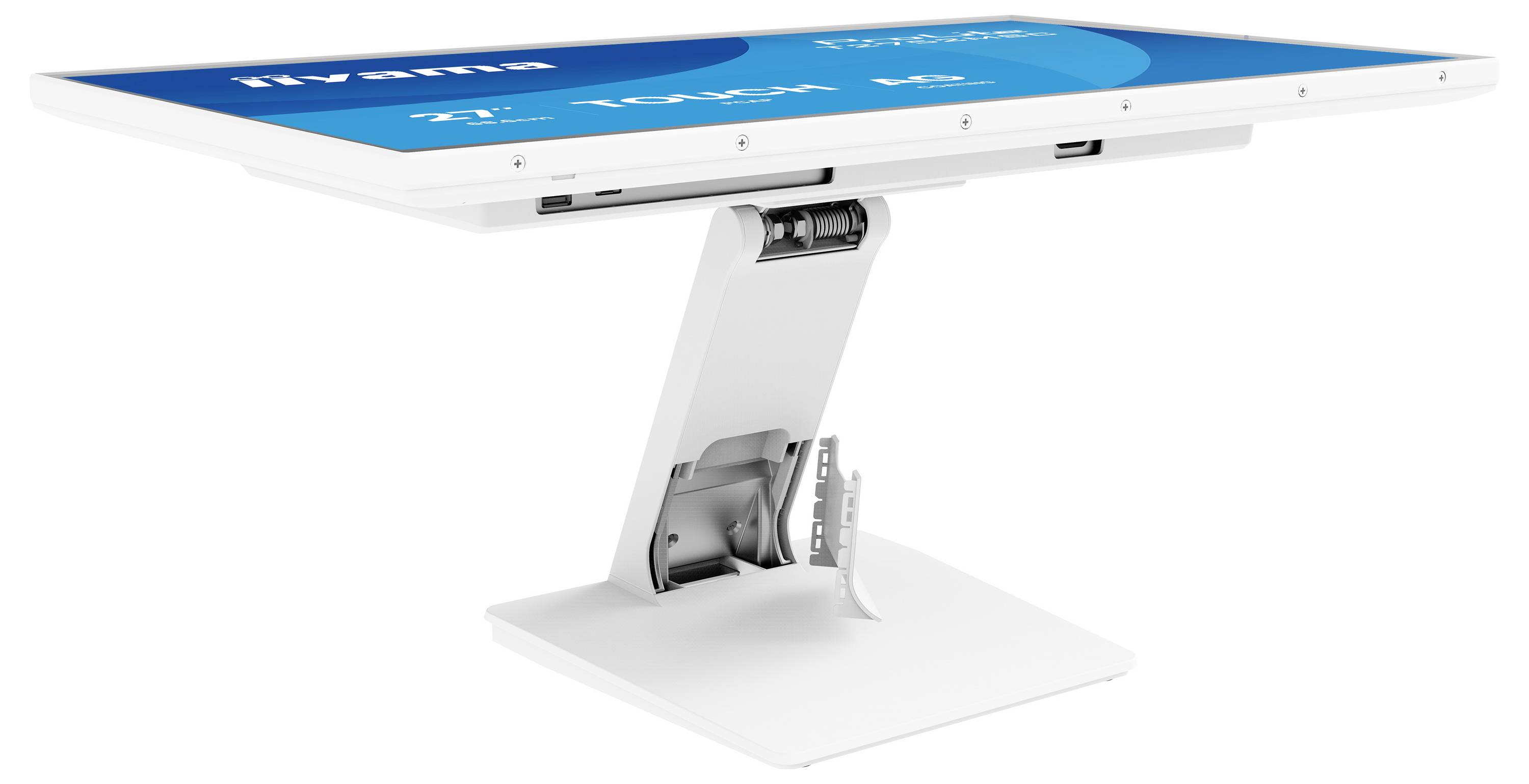 Die Ecke eines Computermonitors mit blauem Bildschirm, auf dem der Text „27", „68,6 cm" und „2560x1440" angezeigt wird und seine Größe sowie Auflösung angibt.