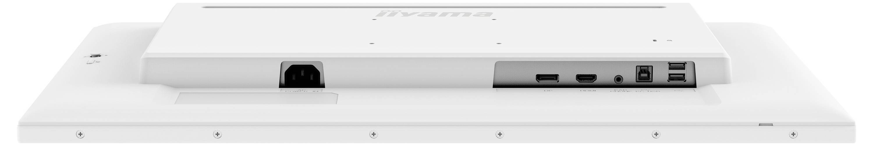 'Rückansicht eines flachen rechteckigen Monitors mit verschiedenen Anschlüssen, einschließlich Stromversorgung, HDMI, Audio- und USB-Anschlüssen an der Seite.'