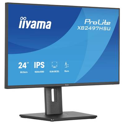 Ein Computermonitor mit einem 24-Zoll-IPS-Display, mit folgenden Spezifikationen: 1920x1080-Auflösung, schmaler Rahmen, 15cm Höhenverstellung.