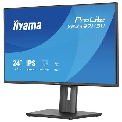iiyama ProLite XB2497HSU Monitor zeigt Spezifikationen: 24" IPS-Bildschirm, 1920x1080 Auflösung, schmaler Rahmen, 15 cm Höhenverstellung.