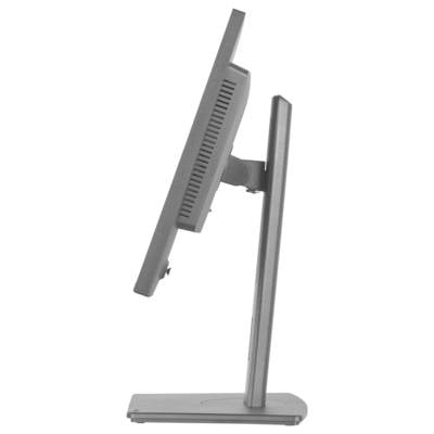 Eine Seitenansicht eines modernen Flachbildschirm-Computermonitors, der auf einem Stand mit schmalem, rechteckigem Design montiert ist.