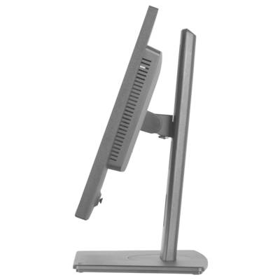 Eine Seitenprofilansicht eines grauen Computermonitors, die sein schlankes Design und seinen verstellbaren Ständer zeigt.