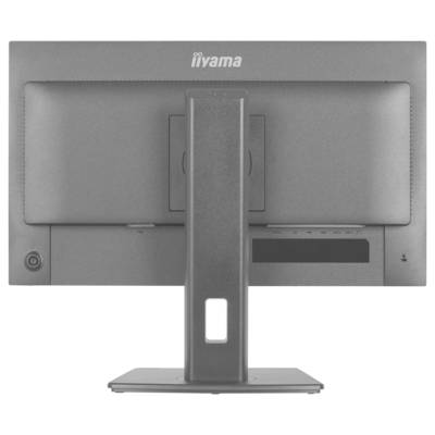 Ein Computermonitor von hinten betrachtet, der den Ständer, die Befestigungshalterung und die Anschlussanschlüsse zeigt.