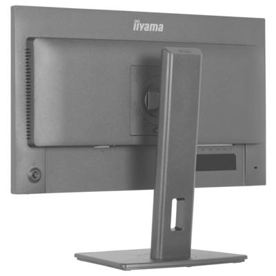 Rückansicht eines grauen Computermonitors auf einem Ständer, der seine höhenverstellbare Funktion zeigt.