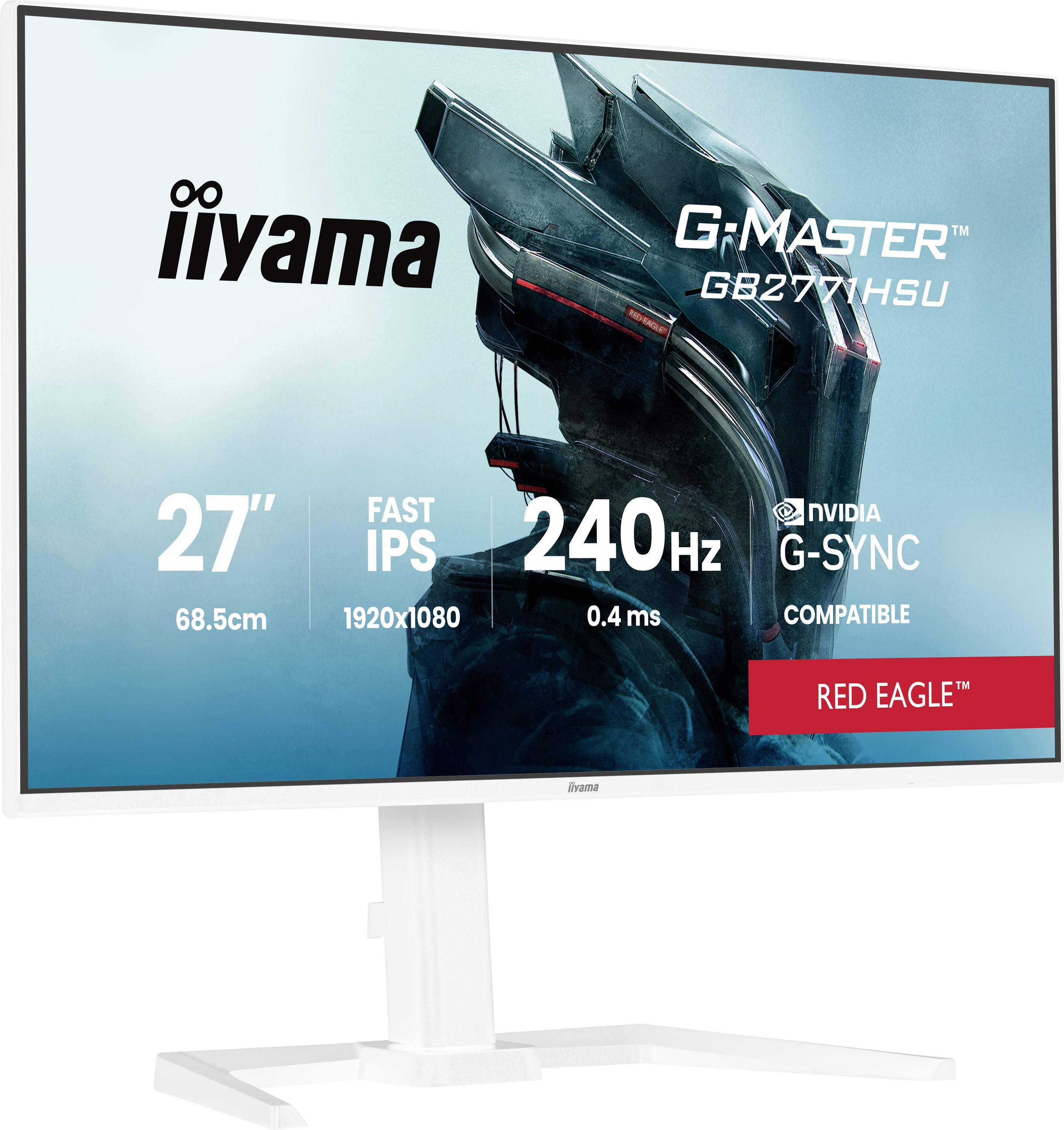 Monitor-Display zeigt iiyama G-MASTER GB2770HSU mit folgenden Merkmalen: 27 Zoll, Fast IPS, 1920x1080 Auflösung, 240Hz Bildwiederholfrequenz, NVIDIA G-SYNC kompatibel.