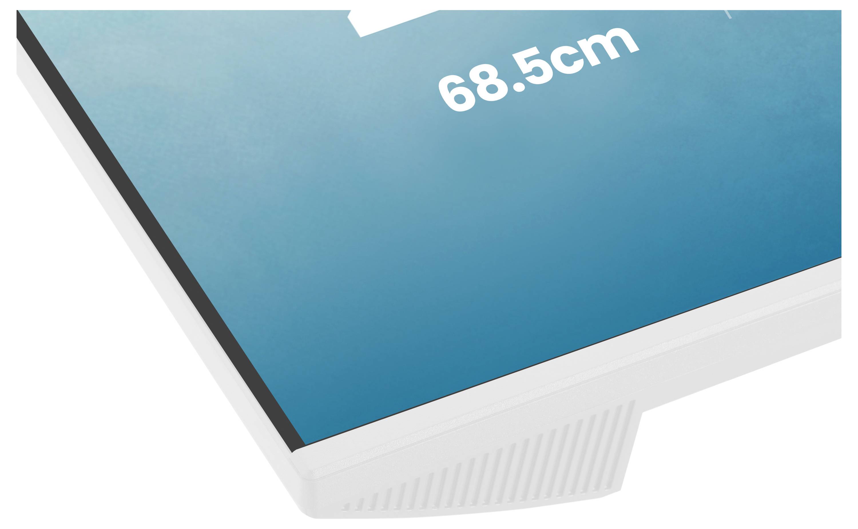 Das Bild zeigt die Kante eines Computerbildschirms mit einer Bildschirmmessung mit der Bezeichnung „68,5cm" auf blauem Hintergrund.