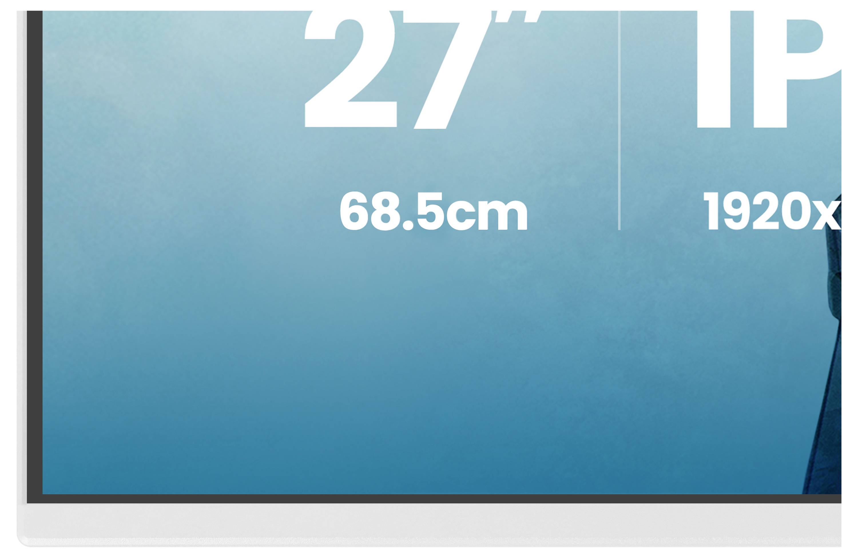 Eine Nahaufnahme eines Monitorbildschirms, auf dem die Abmessungen „27"", „68,5 cm" und die Auflösung „1920x" angezeigt werden. Der Hintergrund ist ein Farbverlauf in Blau.