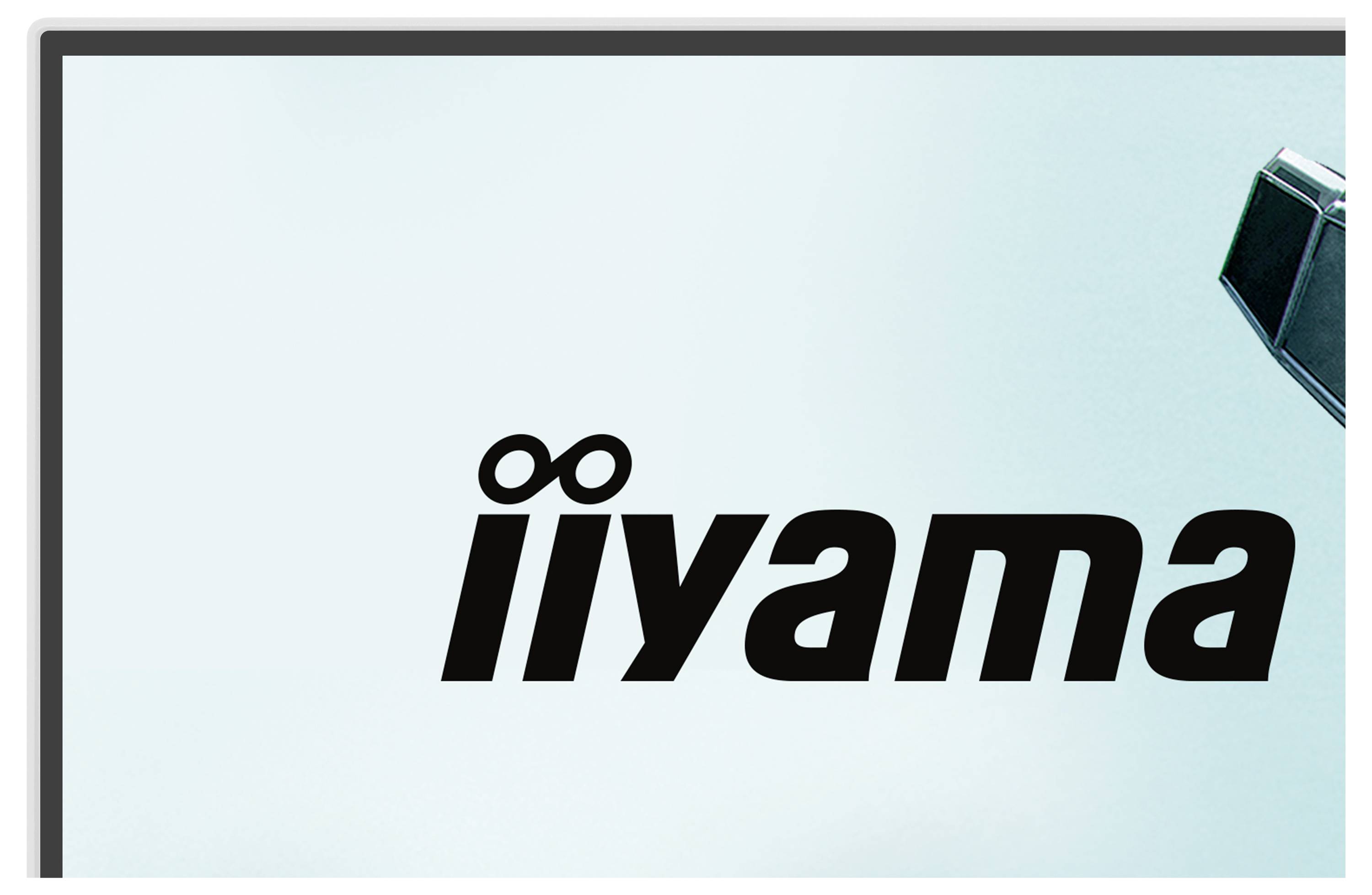 "iiyama"-Logo auf hellblauem Hintergrund.