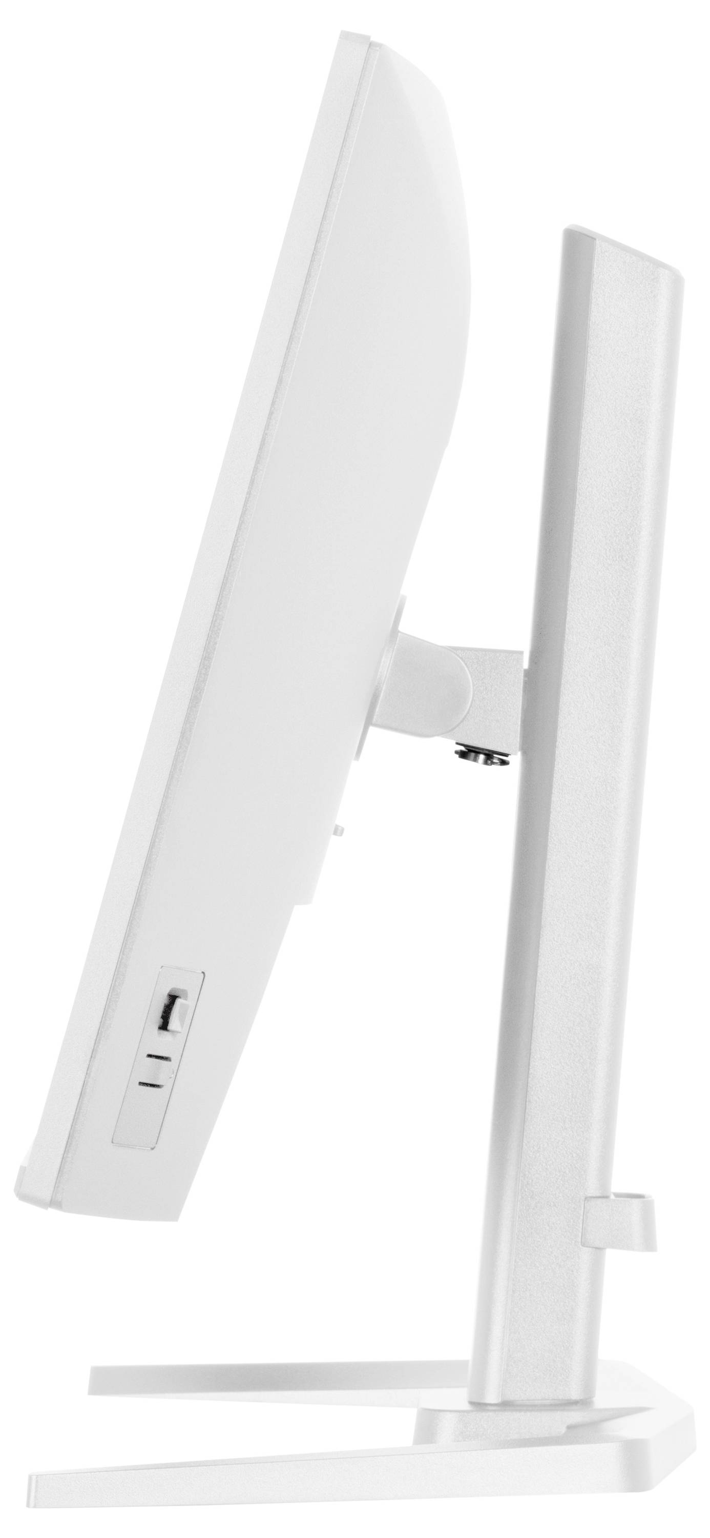 Seitenansicht eines eleganten, modernen Computermonitors mit weißem Rahmen, der sein dünnes Profil und seinen verstellbaren Ständer präsentiert.