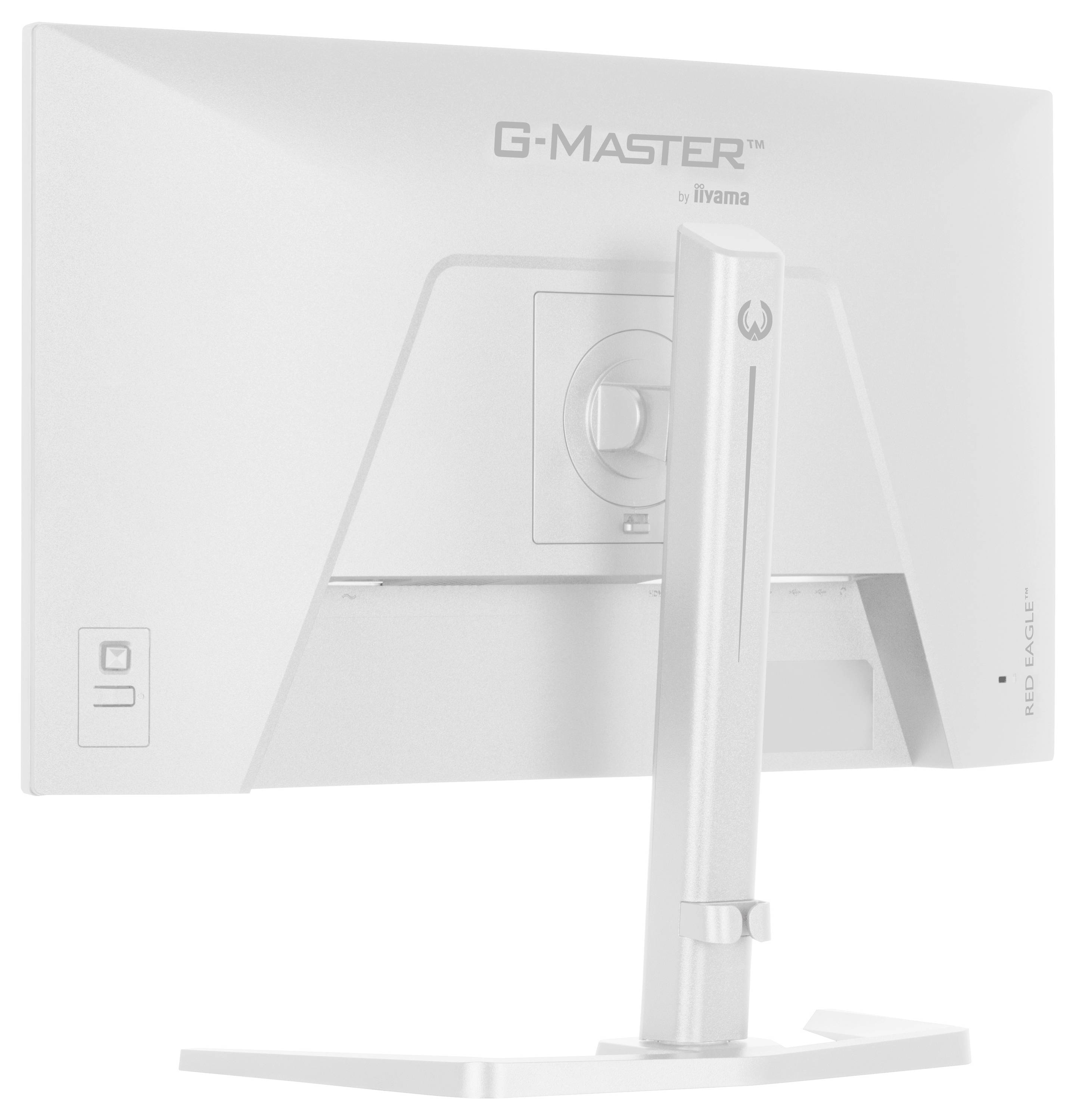 Das Bild zeigt die Rückansicht eines weißen G-Master-Computermonitors von iiyama mit einem verstellbaren Ständer und Anschlüssen an der Seite.