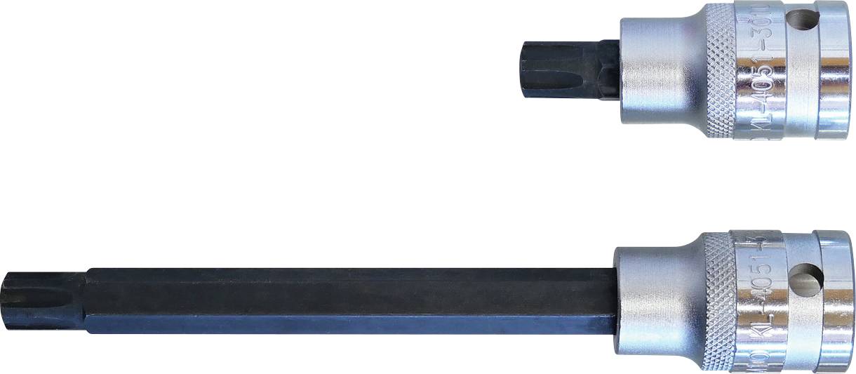 'Zwei Torx-Schrauberbits, eines kurz und eines lang, mit Metallaufnahmen zur Verwendung mit einem Bohrer oder Schrauber.'