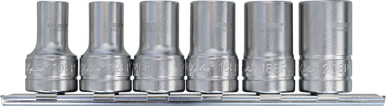 Eine Reihe von sechs Chromzinksockeln in aufsteigender Reihenfolge auf einer Metallschiene angeordnet, die Größen von 10mm bis 22mm anzeigt, für mechanische Anwendungen.