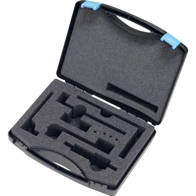 Ein schwarzer Schaumstoffkoffer mit verschiedenen Aussparungen zum Lagern von kleinen Werkzeugen oder Geräten, offen mit blauen Verschlüssen an den Ecken.