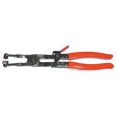 Zange mit Metallbacken und roten Kunststoffgriffen, zum Greifen, Biegen oder Schneiden von Draht und anderen Materialien verwendet.