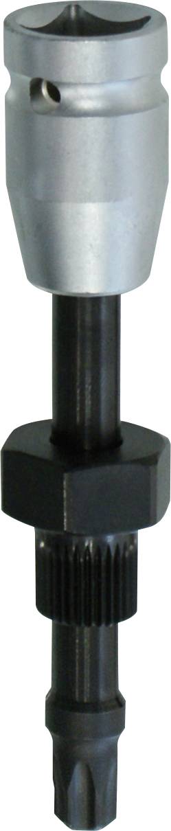 „Ein schwarzes, sechseckiges Metallwerkzeug mit Rillen, das einer Steckverbindung ähnelt. Es ist für die Anpassung an spezifische Hardware oder Maschinen konzipiert."