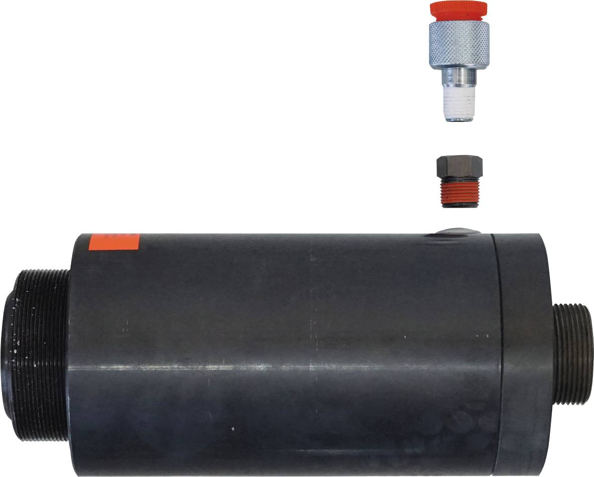 Ein schwarzes zylindrisches hydraulisches Inline-Rückschlagventil, dargestellt mit zwei kleineren Gewindeteilen darüber, eines silbern mit einer orangefarbenen Kappe.