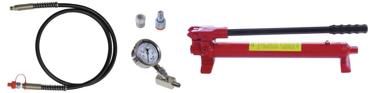 Ein Hydraulikdruckprüfsatz mit einer roten hydraulischen Pumpe, Druckmessgerät, Schlauch und Zubehör, der zum Testen von Hydrauliksystemen verwendet wird.