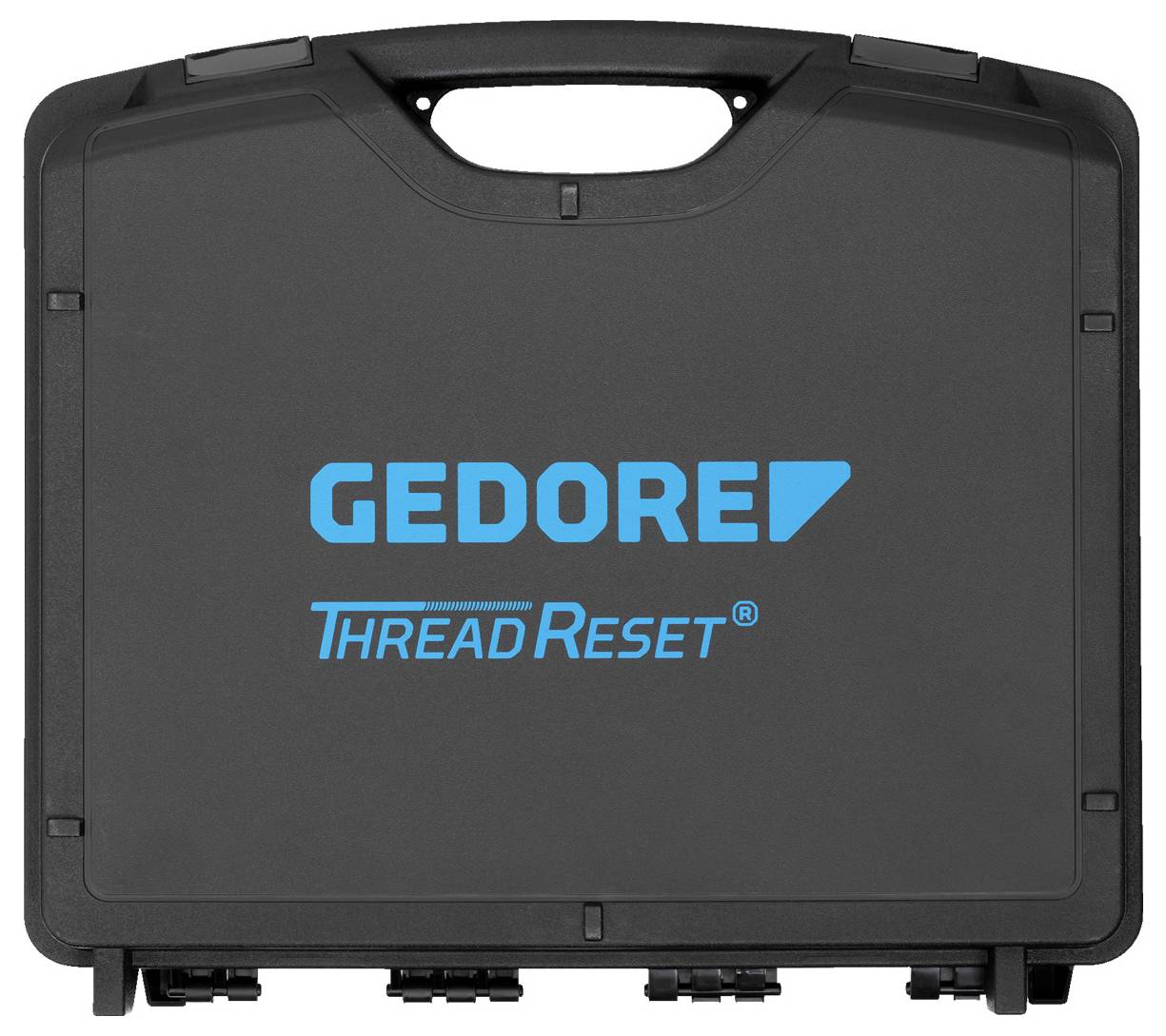 Schwarzer Werkzeugkoffer mit "GEDORE THREAD RESET" in Blau auf der Vorderseite bedruckt, mit einem Griff oben.
