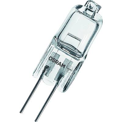 Eine Nahaufnahme einer klaren Halogenglühbirne mit zwei Metallstiften, auf deren Oberfläche das Logo „OSRAM" zu sehen ist.