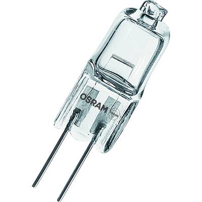 Eine klare Halogenglühbirne mit zwei Metallstiften, mit der Bezeichnung „OSRAM".