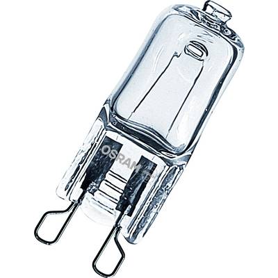 Eine transparente Halogenglühbirne aus Glas mit Metallstiften zum Anschluss, auf deren Oberfläche "OSRAM" beschriftet ist.
