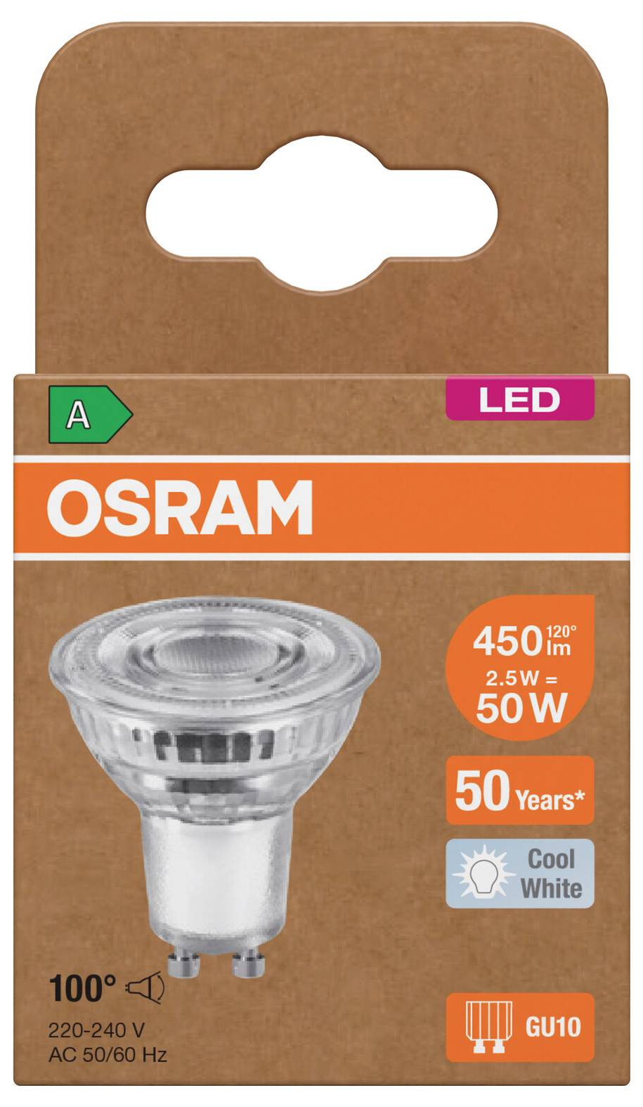 Paket einer OSRAM LED-Spotleuchte, 2,5W 50W-Äquivalent, 450 lm, Kaltweiß, GU10, 100° Abstrahlwinkel, 220-240V AC.
