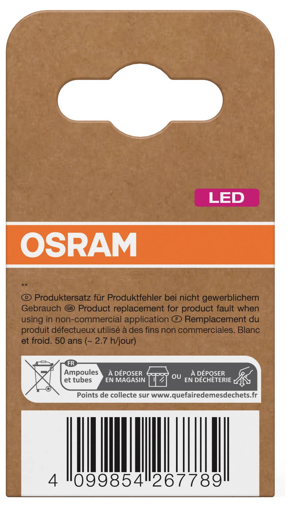 OSRAM LED-Produktpaket mit Barcode, Recycling-Symbolen und Entsorgungsanweisungen auf einer braun-orangefarbenen Karte.