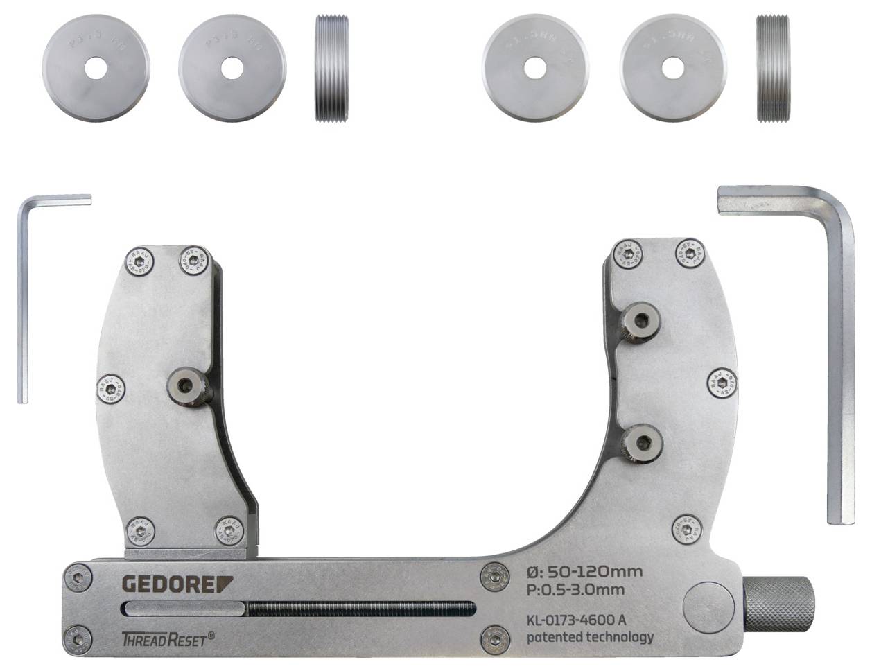 Ein Metalltool mit der Bezeichnung "GEDORE THREADReset", umgeben von kreisförmigen und sechseckigen Aufsätzen, wird zum Zurücksetzen von Gewinden von 50-120mm verwendet.