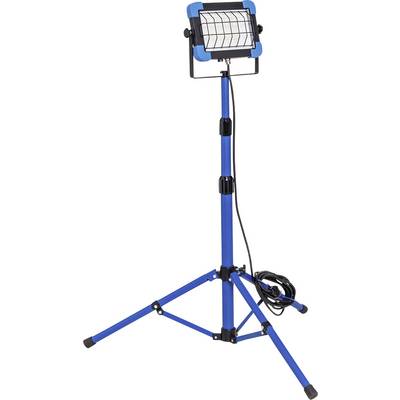 Ein blaues LED-Arbeitslicht auf einem Stativständer mit verstellbarer Höhe, mit einem um die Basis gewickelten Stromkabel.