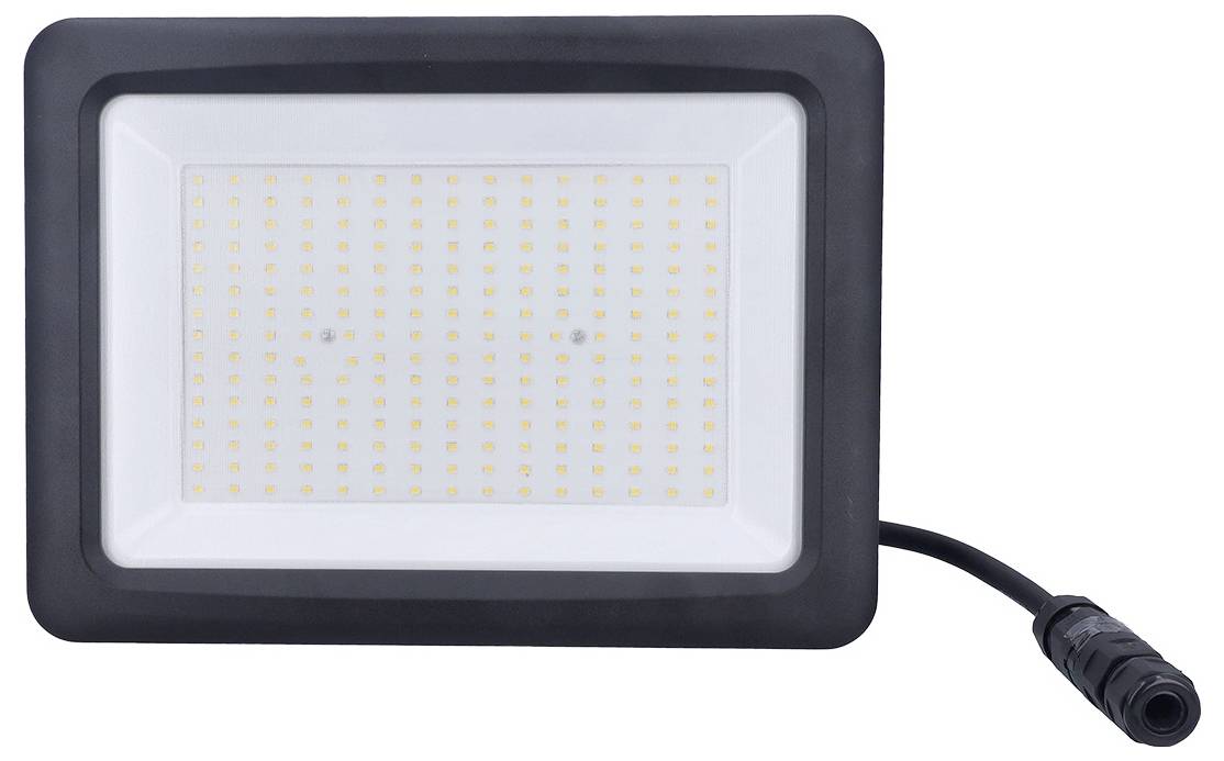 Ein großes LED-Flutlicht mit rechteckiger Form und zahlreichen kleinen LED-Glühbirnen, mit einem schwarzen Rahmen und einem Stromkabel auf der rechten Seite.