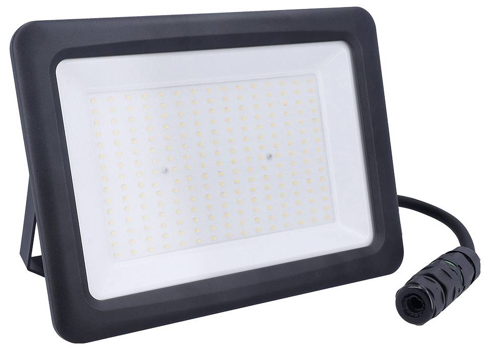 Ein rechteckiges LED-Flutlicht mit schwarzem Rahmen und weißem Innenpanel, das zahlreiche kleine Lichtpunkte aufweist, und ein angeschlossenes Stromkabel.