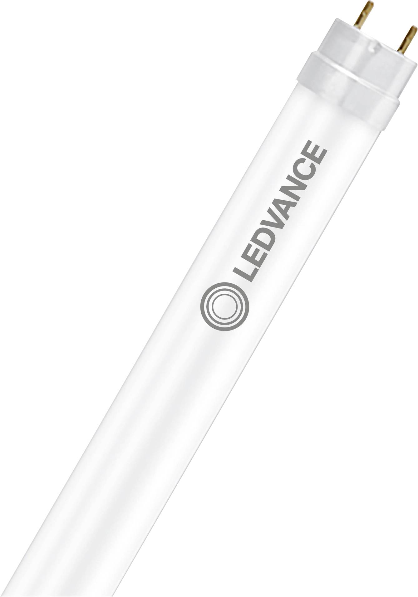 Eine weiße LED-Röhrenleuchte mit dem Etikett „LEDVANCE" und einem kreisförmigen Logo, mit zwei Metallstiften zur Verbindung, diagonal angewinkelt.