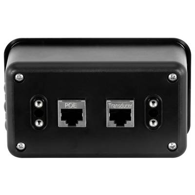 Schwarzes elektronisches Gerätepanel mit zwei beschrifteten Ethernet-Anschlüssen, „POE" und „Transducer", flankiert von Befestigungslöchern und Schrauben.