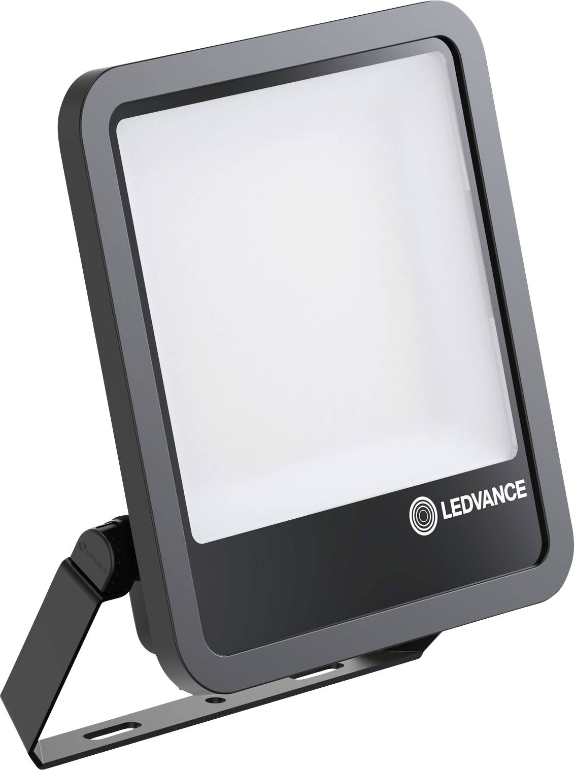 'LEDVANCE' LED-Flutlichtstrahler mit verstellbarer Halterung, mit elegrantem schwarzem Rahmen und leuchtender weißer Oberfläche.