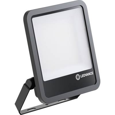 'LEDVANCE' LED-Flutlichtstrahler mit verstellbarer Halterung, mit elegrantem schwarzem Rahmen und leuchtender weißer Oberfläche.