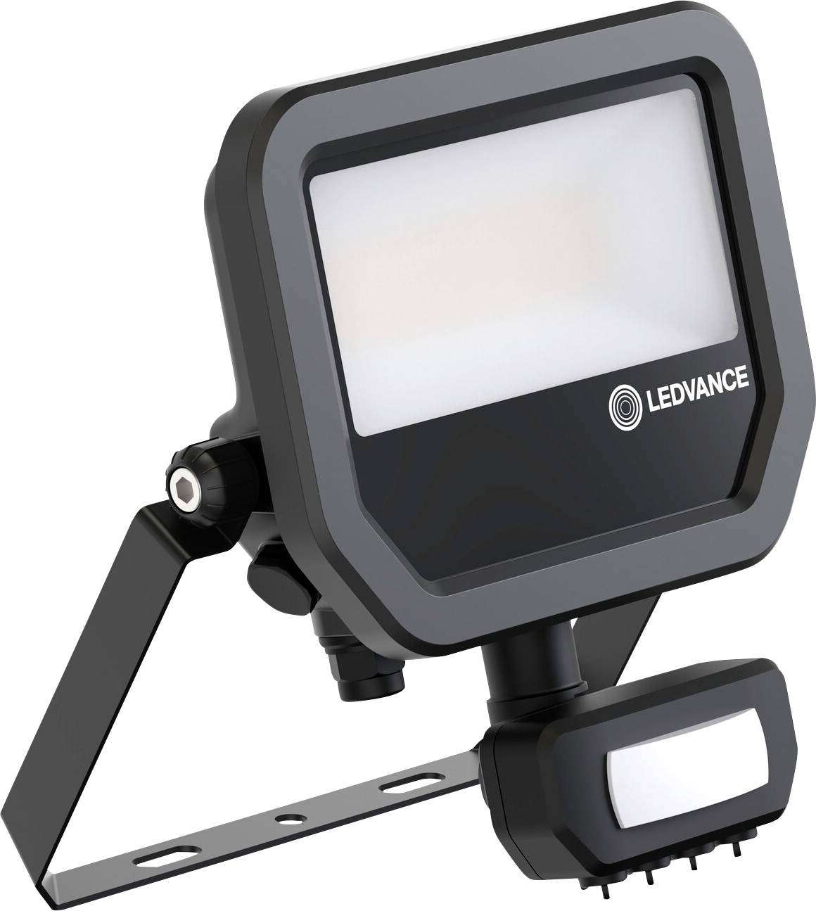 Rechteckiger LED-Außenstrahler mit Bewegungsmelder, auf einem verstellbaren Halter montiert. Mit der Aufschrift "Ledvance" auf der Seite.