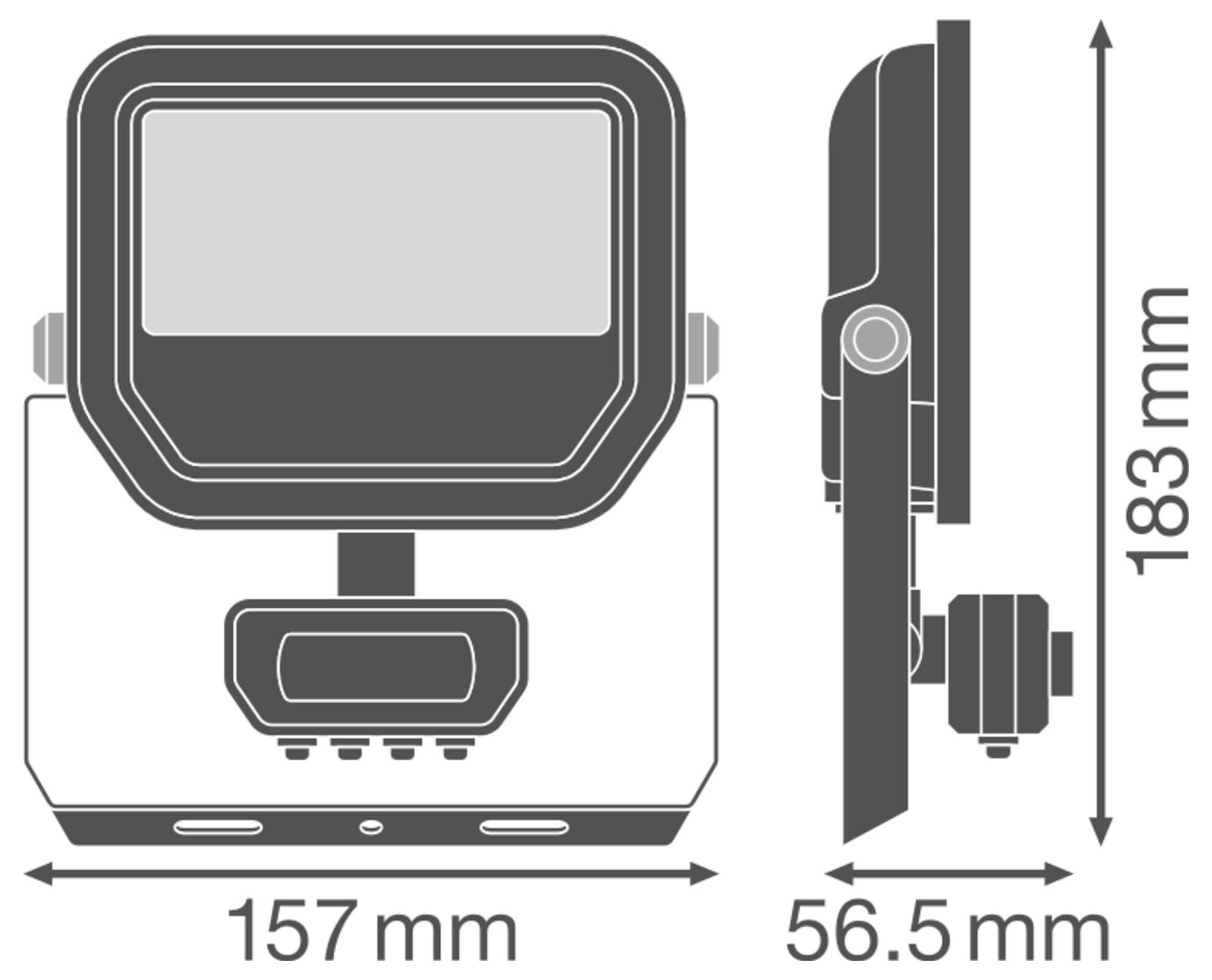 Technische Zeichnung eines Geräts. Vorderansicht Abmessung: 157 mm breit. Seitenansicht Abmessungen: 56,5 mm tief, 183 mm hoch.