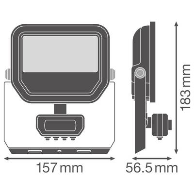 Technische Zeichnung eines Geräts. Vorderansicht Abmessung: 157 mm breit. Seitenansicht Abmessungen: 56,5 mm tief, 183 mm hoch.