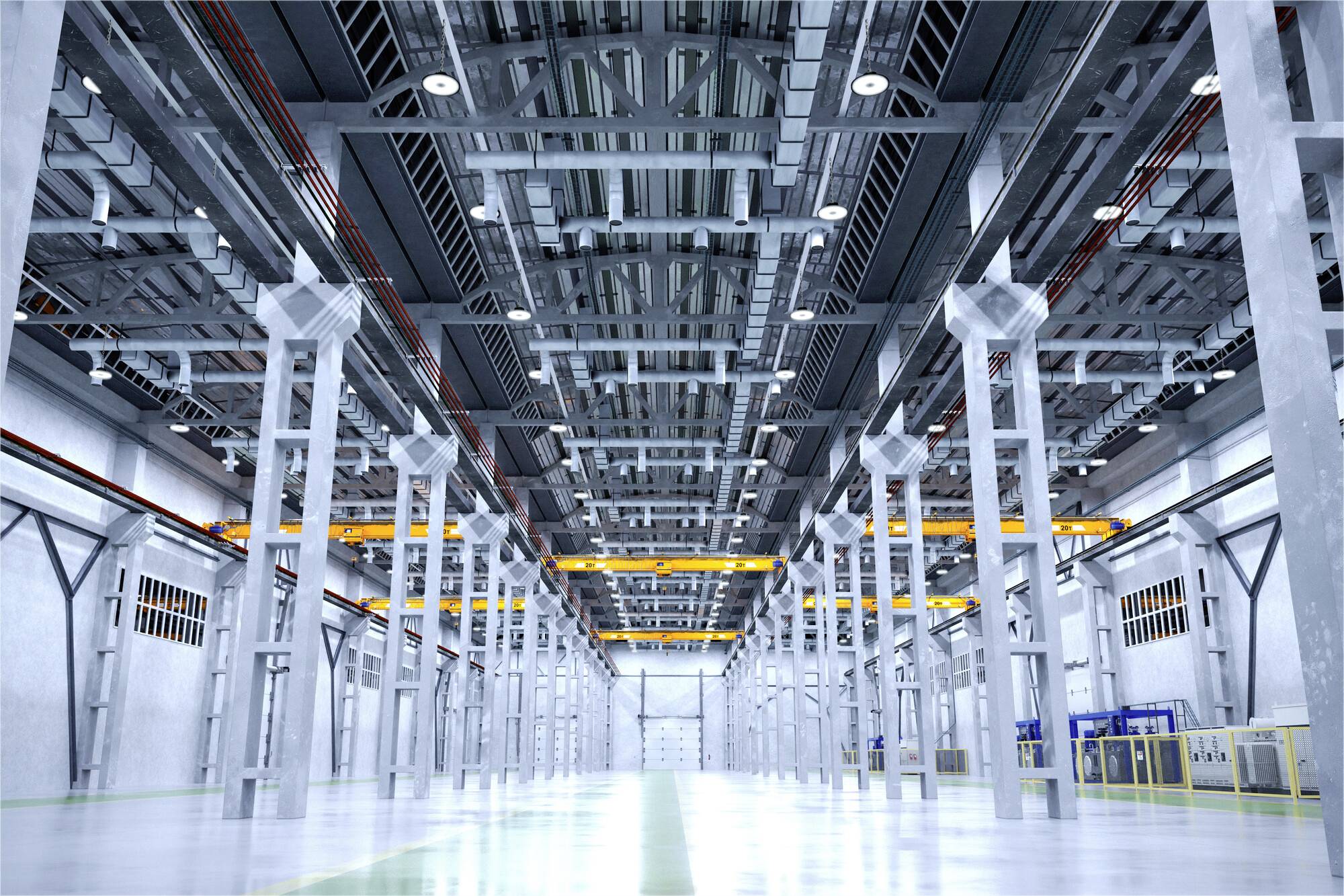 Ein geräumiges, leeres Industrielagerhaus mit Metallträgern, heller Beleuchtung und hoher Decke, die ein Gefühl von Größe und Struktur vermittelt.