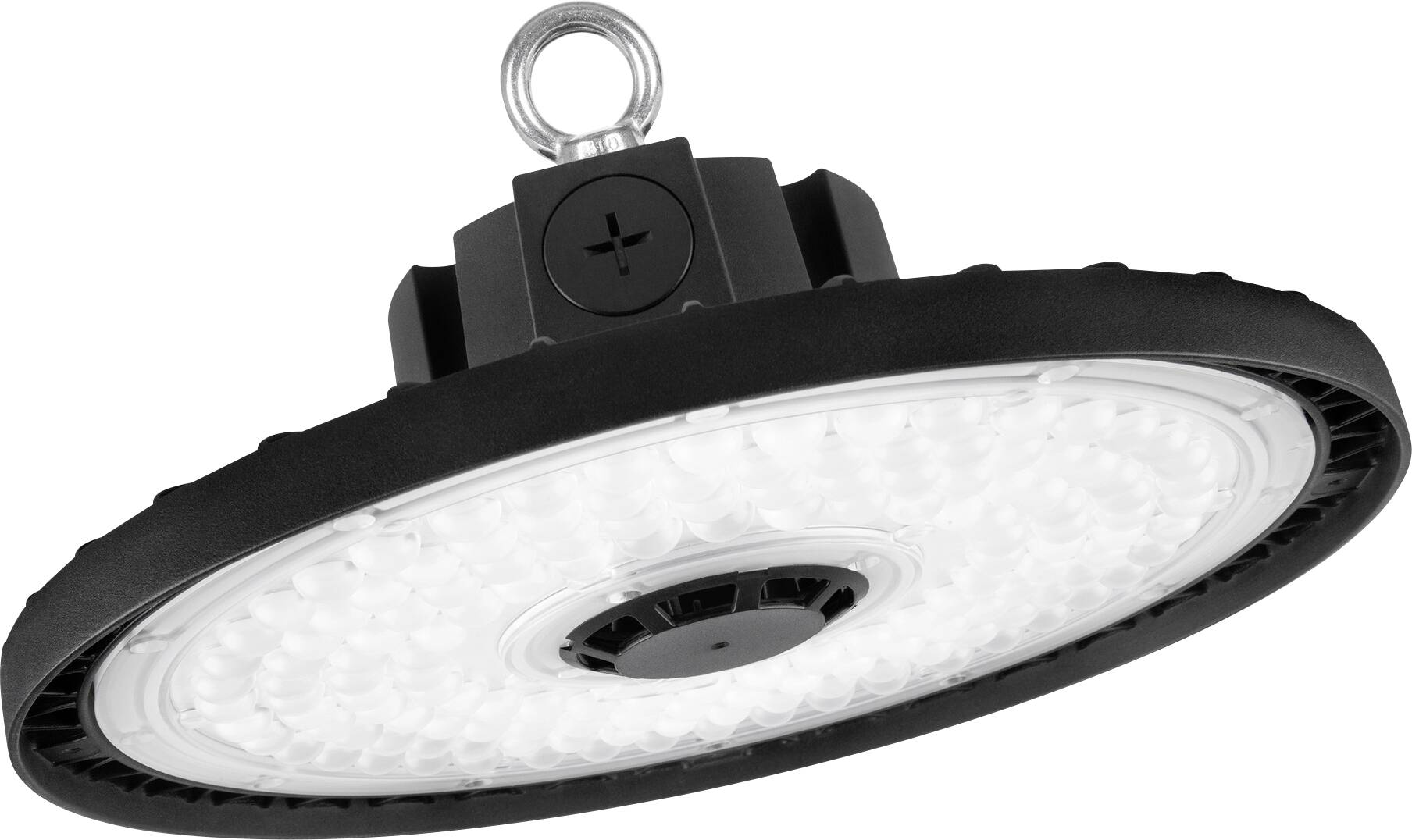 Eine runde LED-Hallenleuchte mit schwarzem Außenrand und Aufhängevorrichtung, konzipiert für Lager- oder Industriebeleuchtung.