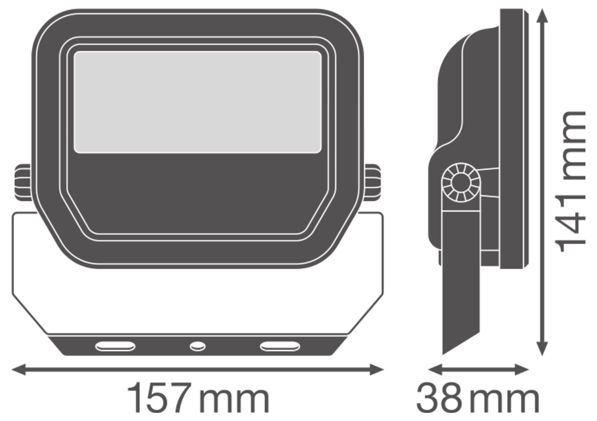 Diagramm eines rechteckigen Geräts, Vorder- und Seitenansicht. Zeigt Abmessungen: 157 mm Breite, 38 mm Tiefe, 141 mm Höhe.