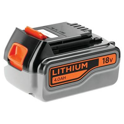 Lithium-Ionen-Akku mit der Bezeichnung „18V 4,0AH" in Schwarz und Orange, mit einem orangefarbenen Entriegelungsclip an der Seite, wird für Elektrowerkzeuge verwendet.