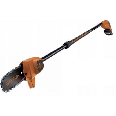 Eine kabellose Stabsäge mit einem orange-schwarzen Design, beschriftet mit „Black+Decker". Sie verfügt über einen ausziehbaren Griff zum Erreichen höher gelegener Äste.