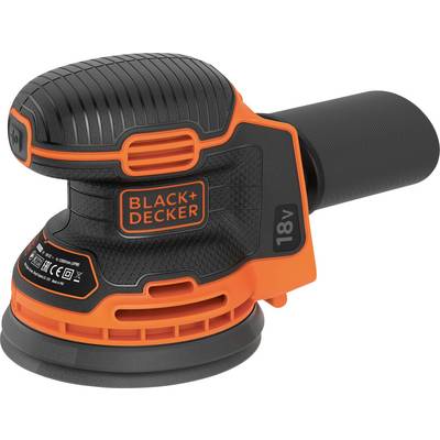 Ein schnurloses Handschleifer in Orange und Schwarz mit der Bezeichnung „Black+Decker 18V", konzipiert zum Schleifen von Oberflächen, mit einer runden Schleifplatte.
