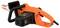 Orange-elektrische Kettensäge mit Sicherheitsvorrichtungen, Netzschalter und sichtbarer Kette.