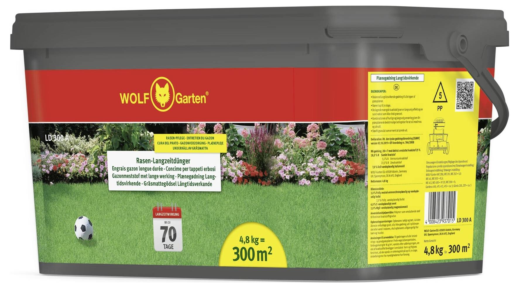 Behälter für 'WOLF-Garten' Rasendünger mit rotem Etikett, das einen üppigen grünen Rasen mit Blumen zeigt. Reicht für 300m² für 70 Tage.