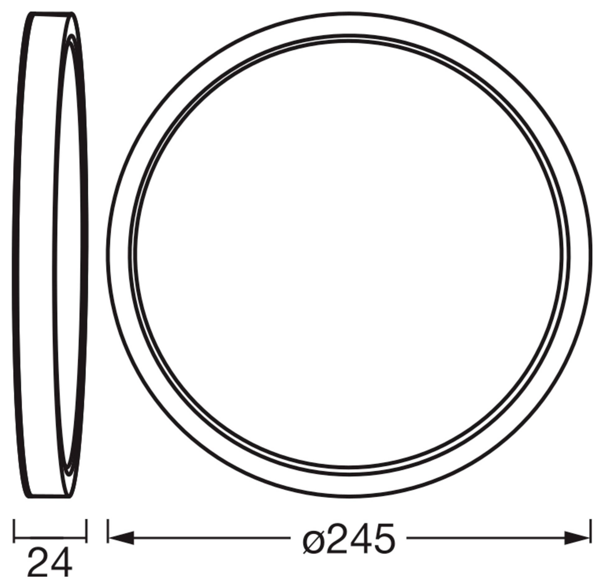 Eine technische Zeichnung eines kreisförmigen Objekts, die eine Seitenansicht mit der Dicke „24" und eine Vorderansicht mit dem Durchmesser „ø245" zeigt.