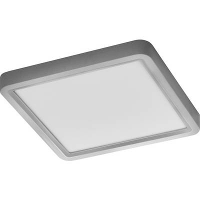 Quadratische LED-Deckenleuchte mit silbernem Rahmen, von unten betrachtet.