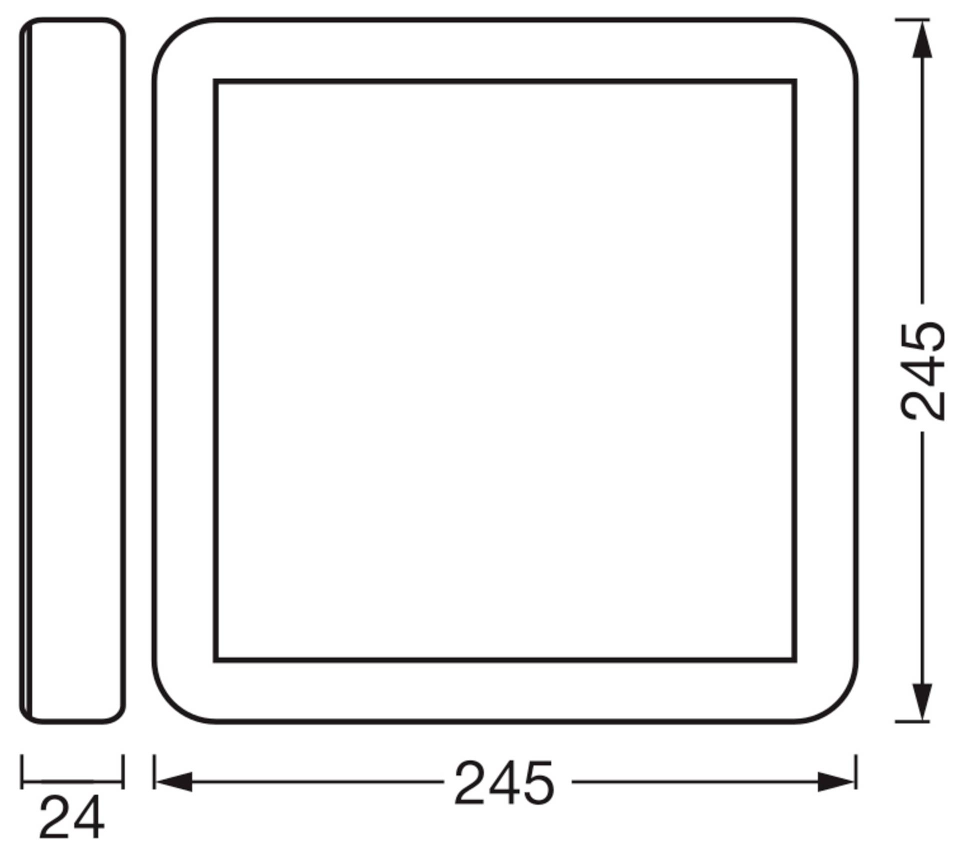 Diagramm eines quadratischen Objekts mit Abmessungen. Die Frontansicht zeigt 245x245 mm, die Seitenansicht zeigt eine Dicke von 24 mm.