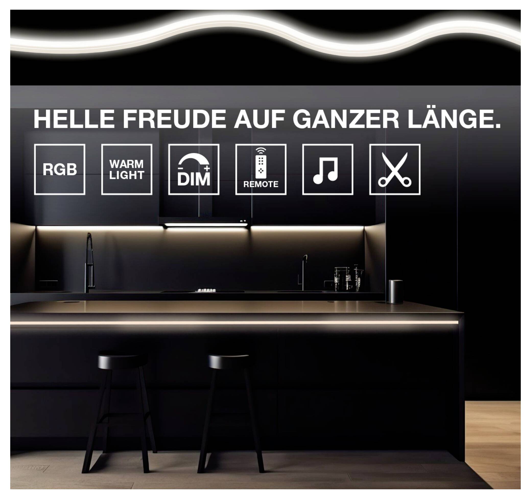 Eine moderne Küche mit schlanken dunklen Schränken wird durch LED-Beleuchtung beleuchtet. Symbole zeigen RGB-Farben, warmes Licht, Dimmen, Fernbedienung, Musik und Schneidefunktionalität an. Der deutsche Text lautet „HELLE FREUDE AUF GANZER LÄNGE."